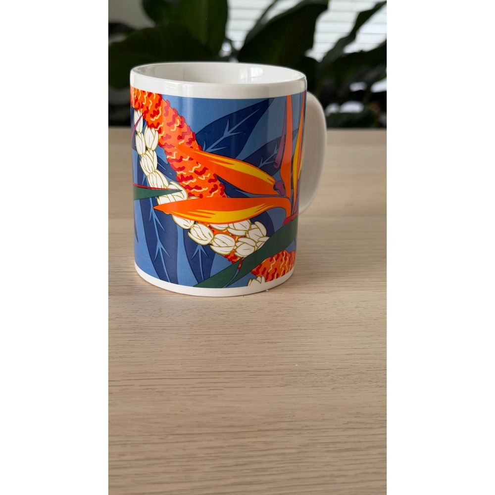 Hilo Hattie Bird of Paradise Floral Coffee Mug Blue Orange 1999 Island Heritage